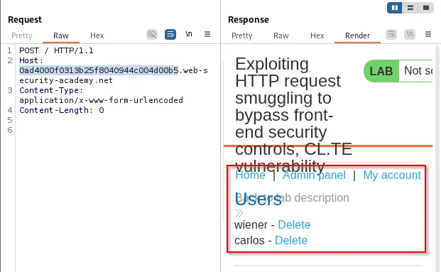 Admin panel access via smuggled request screenshot